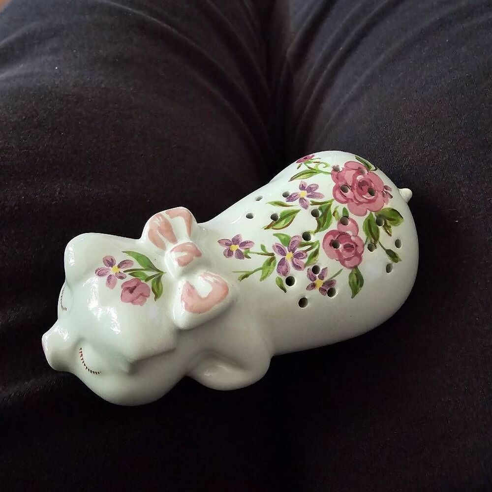 Vintage 70s Brazilian Ceramic Pig Floral Pomander Potpourri Sachet Shaker Cerama